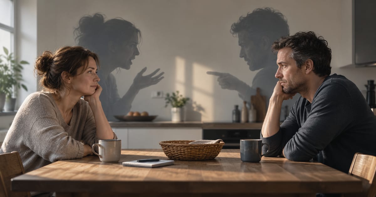 Ein Paar sitzt schweigend am Küchentisch, an der Wand hinter ihnen streiten ihre Schatten.